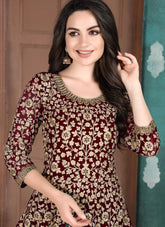 Faux Georgette Embroidered Maroon Anarkali Suit